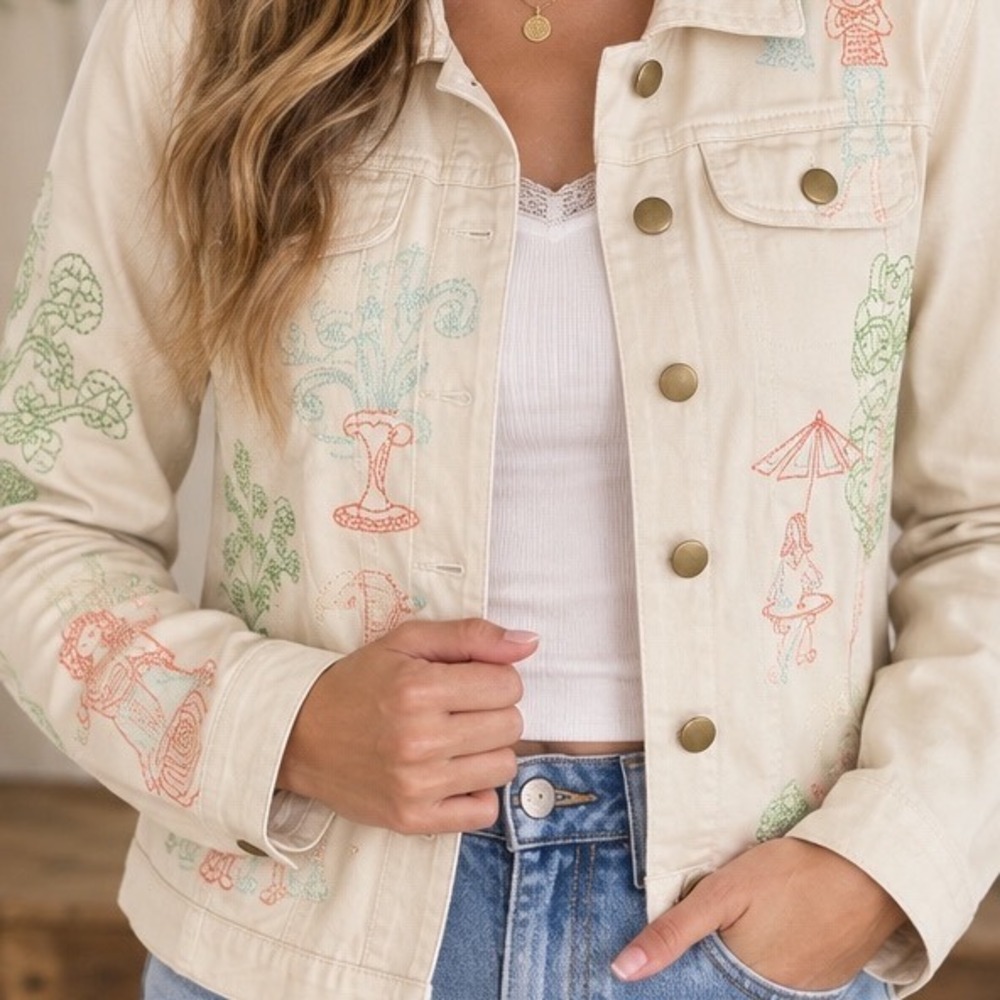 Soft Touch Paris Embroidered Scalloped Denim Jacket Tan Beige Poodle Size XL